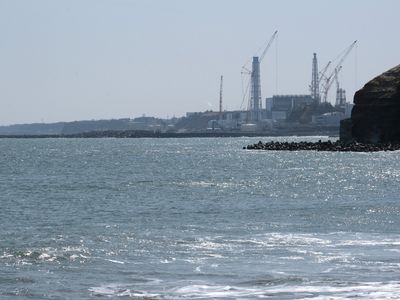 The Fukushima Daiichi nuclear power plant as seen from the coast of Futaba town in Fukushima prefecture. 