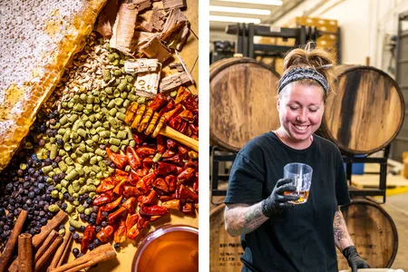 Left, a few of the ingredients used to build flavor throughout the mead making process at Charm City Meadworks in Baltimore, including honey, hops, comape&ntilde;o peppers, oak chips, cinnamon sticks and juniper berries. Right, Lynn Pronobis, head mead maker at Charm City, must carefully oversee every step of the production process.