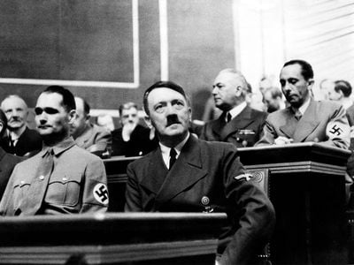 Rudolf Hess and Adolf Hitler during the Reichstag session at which Hitler gave his last warning to the British Empire.