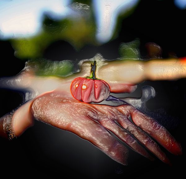 The hand holding a tomato thumbnail