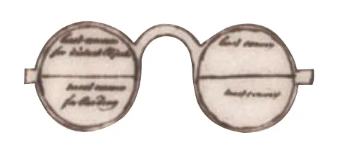 In a 1785 letter to a friend, Franklin sketched the bifocal lenses he invented to help him read fine print without switching between two pairs of glasses.