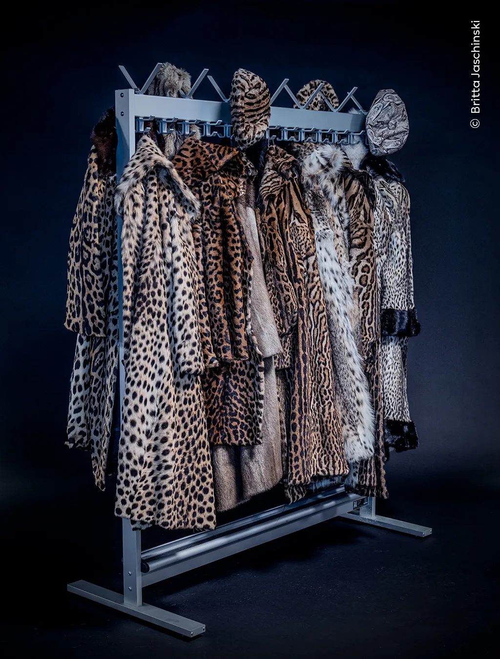 Coats made from wild cat pelts on a hanger in a dark room