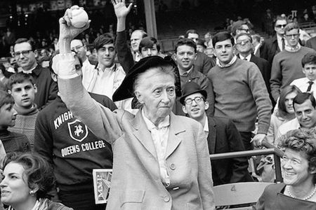 Poet Marianne Moore, 81, threw out the first pitch at the opening of the 1968 baseball season at Yankee Stadium on April 10th, against the Los Angeles Angels.