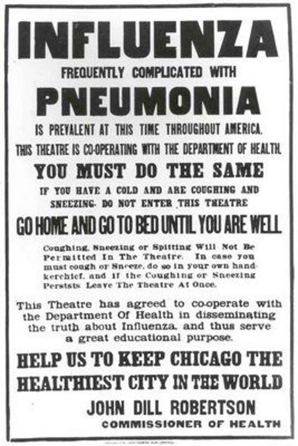 A Chicago Public Health poster outlines flu regulations during the pandemic.