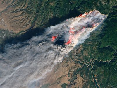 An image of the Camp Fire in Northern California on November 8, 2018, from the Landsat 8 satellite.