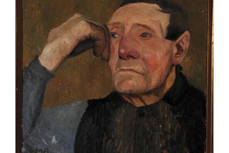 Half-Length&nbsp;Portrait of a&nbsp;Peasant, His&nbsp;Head Resting on&nbsp;His Right Hand,&nbsp;oil tempera on&nbsp;cardboard, c.&nbsp;1903. The artist&nbsp;created the work&nbsp;at an art colony&nbsp;in Germany.