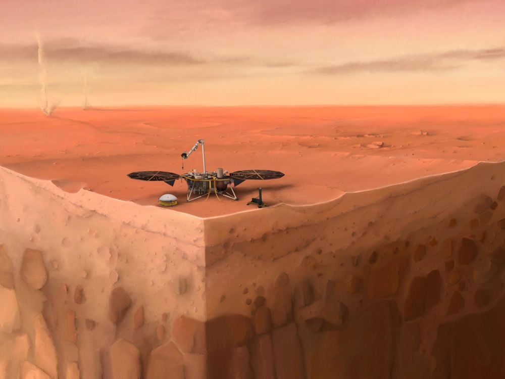 An artist's rendering of InSight. It looks like the robot is sitting atop a piece of land that has been sliced to look like a corner, revealing the layers underneath the surface. The background depicts Mars' red, rocky surface before a yellow sky.