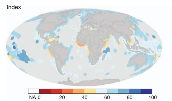 Generally, the ocean health index parallels trends in societal wealth.