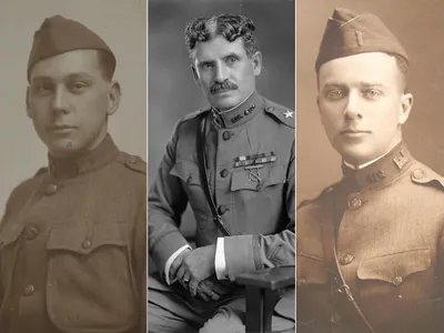 From left to right: Sgt. Harold J. Higginbottom, Brigadier General Amos A. Fries, 2nd Lt. Thomas Jabine