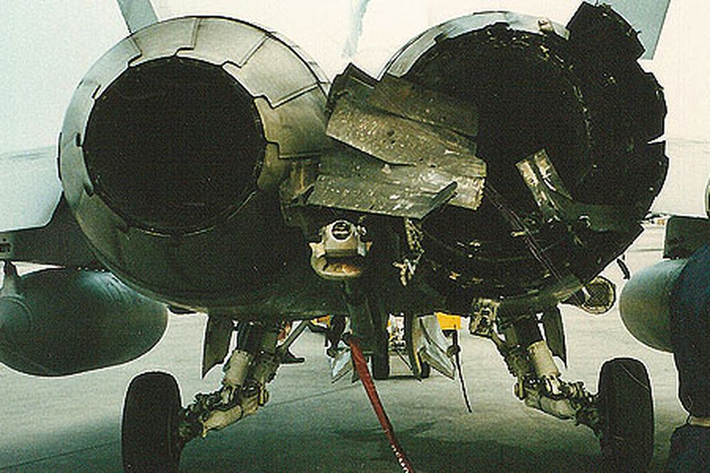 The starboard engine on the author’s F/A-18D takes licking, keeps ticking after a February 21, 1991 Iraqi missile strike.