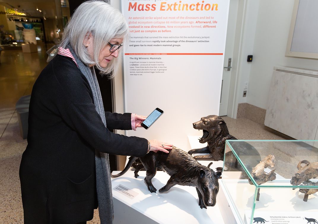 In the Smithsonian's fossil hall, a woman touches a bronze statue on a white display case with her right hand while using the Deep Time Audio Description app on a smartphone in her left hand.