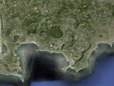 The Campi Flegrei caldera lies to the west of of Naples in southern Italy. (Naples is the giant city on the right).