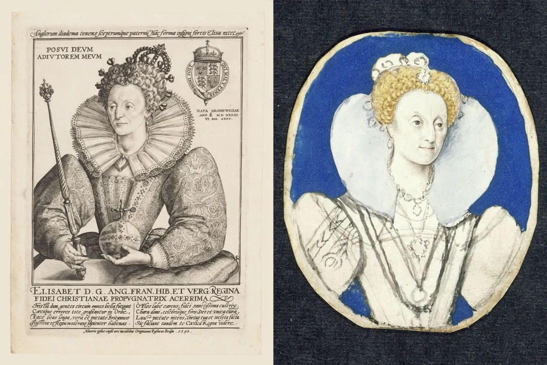 An engraving of Elizabeth by Crispijn van de Passe the Elder (left) and a portrait miniature of the queen by Isaac Oliver (right)