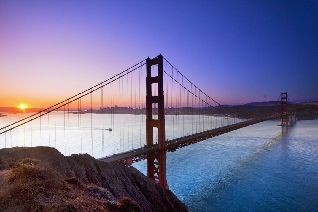 View of the Golden Gate Bridge at dawn from the Marin Headlands, Golden Gate National Recreation Area. (Pietro Canali/SOPA/Corbis)