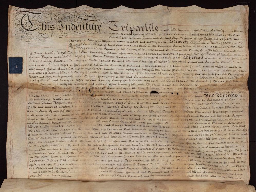 The first page of the Hungerford Deed, 1787, Smithsonian Institution Archives, Acc. 19-150. (Smithsonian Institution Archives)
