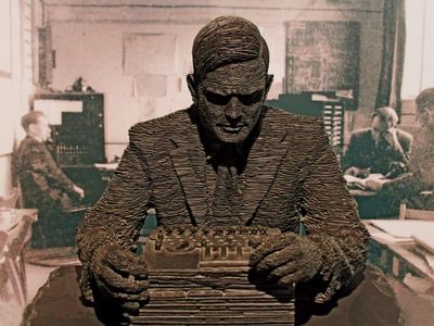 A slate sculpture of Alan Turing by artist Stephen Kettle sits at the Bletchley Park National Codes Centre in Great Britain.