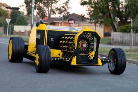 Comprised of more than 500,000 Lego pieces, this yellow-and-black hot rod can be driven at speeds of up to 17 mph.