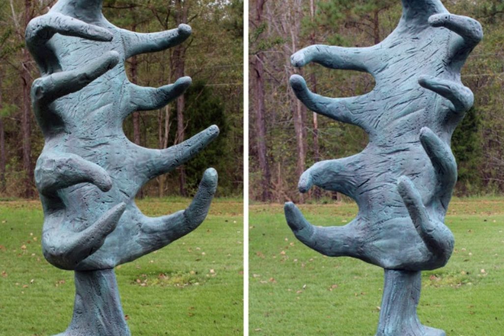 Side-by-side image of a blue-grey statue