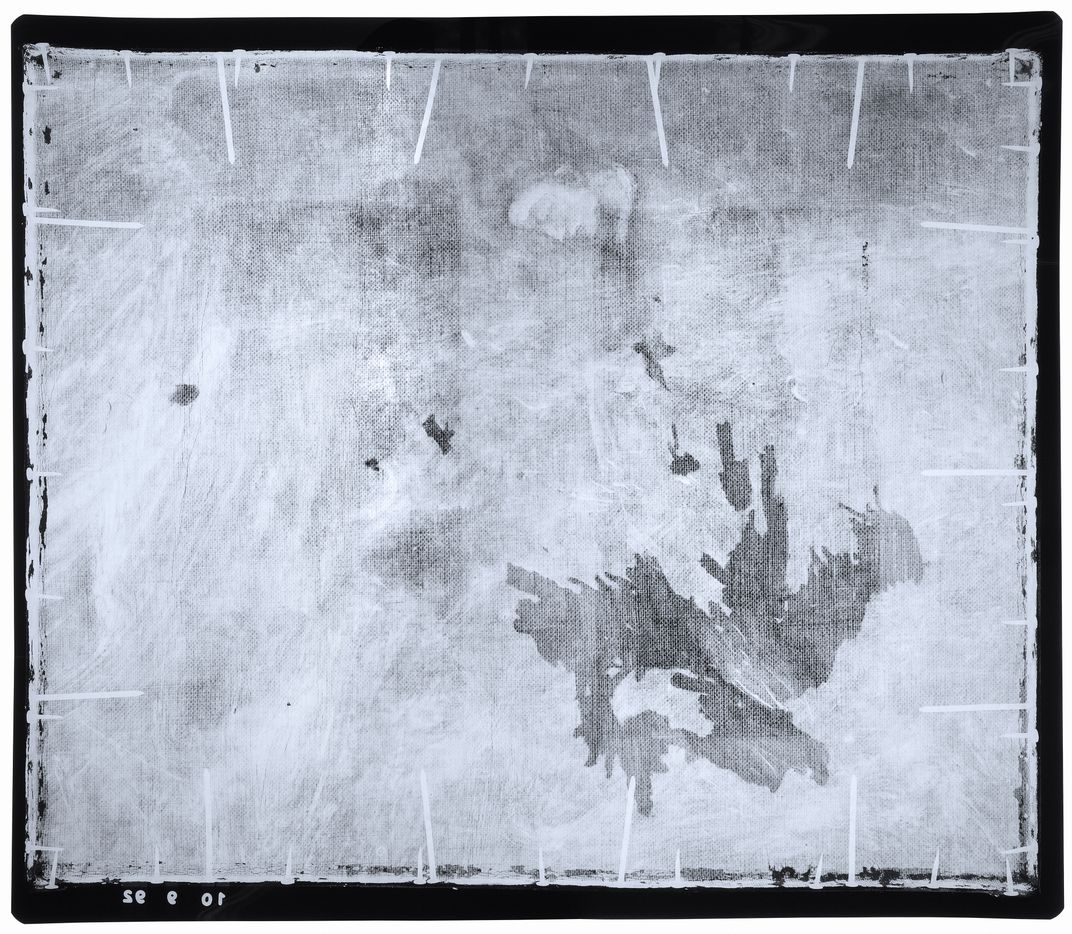X-radiograph of Picasso’s The Soup. Darker areas, in thelower right corner of the canvas, reveal where underlayers of paint were scraped down to the canvas
