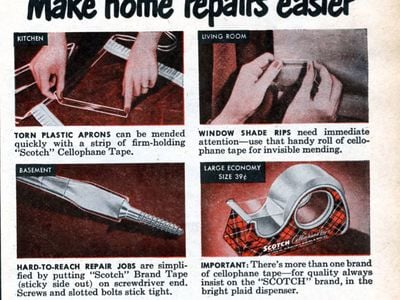 Part of a 1949 ad for Scotch tape, which was billed as a "thrifty" way to make repairs around the home.