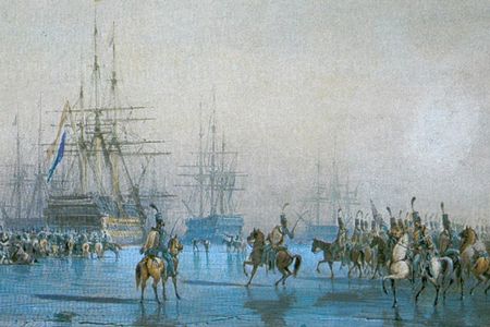 Watercolor painting of the Battle of Texel by painter Léon Morel-Fatio. 