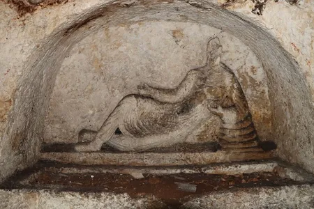 The tomb&rsquo;s centerpiece carving depicts a reclining man.