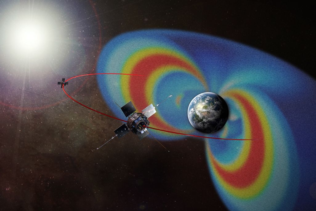 An artistic rendering of the Van Allen spacecraft's path in the radiation belts around the Earth
