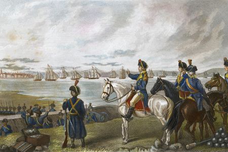 General George Washington observes the evacuation of Boston, Massachusetts, by the British forces under Sir General William Howe. Engraving by Frederick T. Stuart, c1867.
