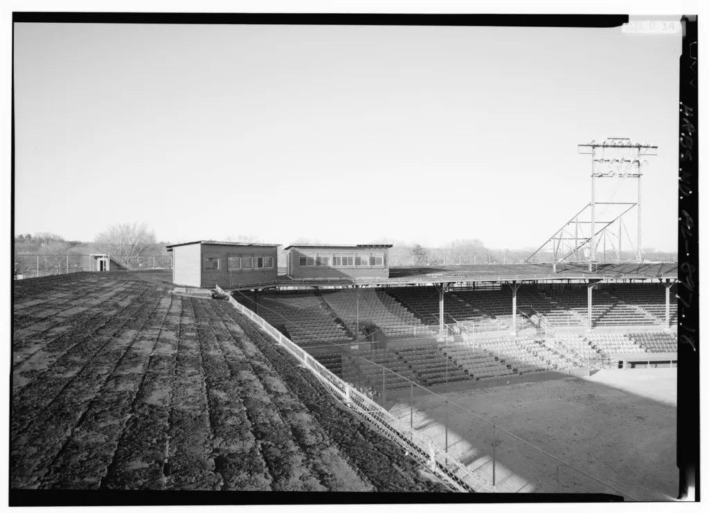 View across roof of stands at Rickwood Field, looking south toward the press box, in 1993