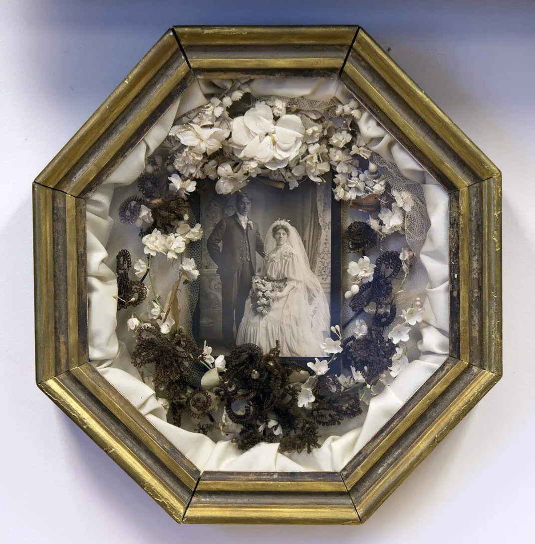 Wedding photo framed in hair wreath