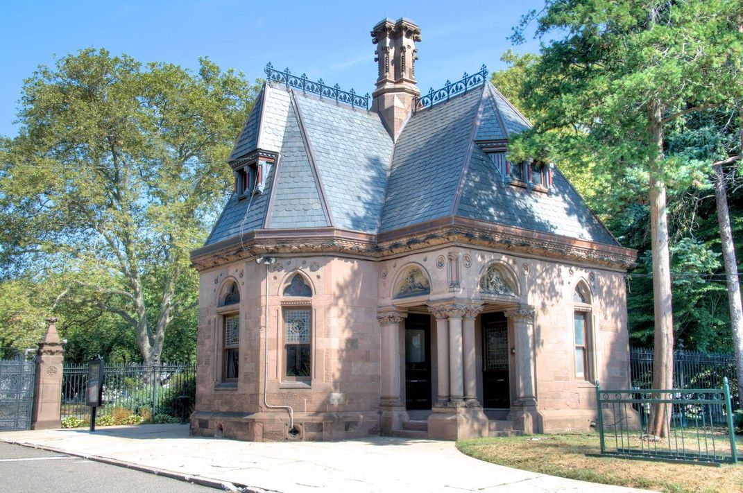 The Fort Hamilton Gatehouse in Green-Wood Cemetery, an ornate Gothic Revival structure built in 1873