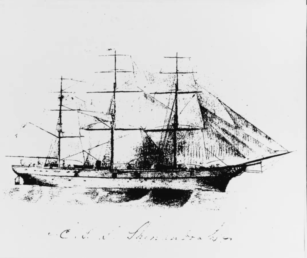 A sketch of the Shenandoah​​​​​​​, from the inside cover of a notebook kept by its captain, Waddell