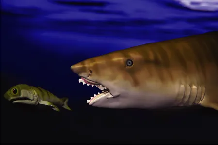 An illustration of the ancient shark Edestus heinrichi preying on a fish. Many ancient sharks had different jaws than modern sharks.