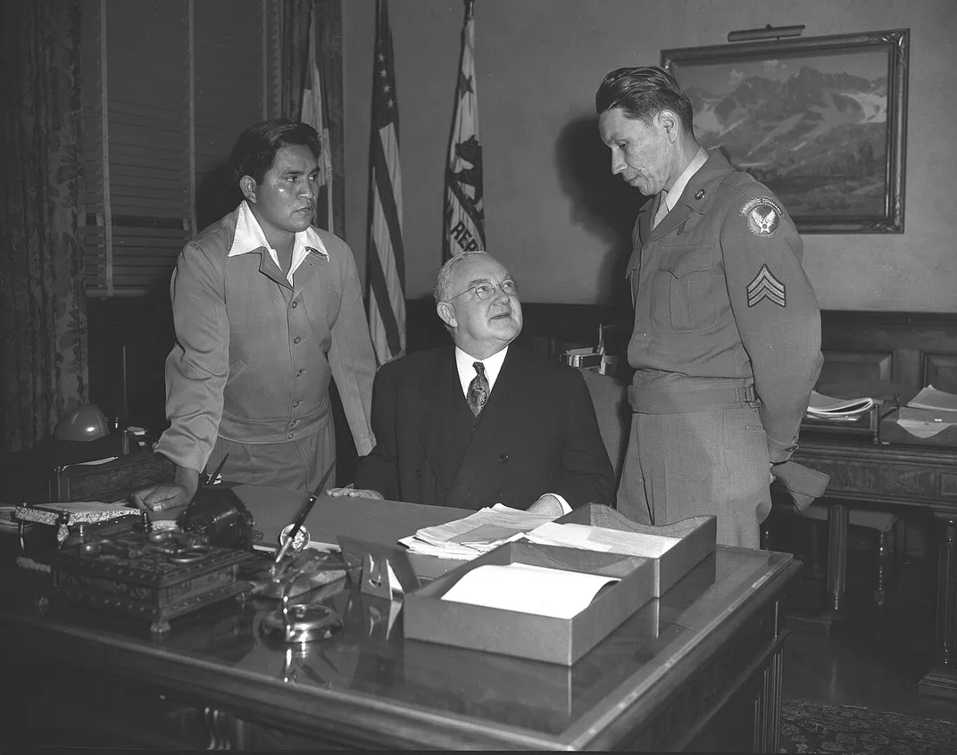 Ira Hayes (left) in 1947