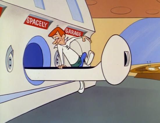 George crawls into a pneumatic tube which will transport him to Mr. Spacely’s office (1963)