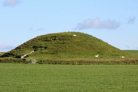 The exterior of Maeshowe, a chambered tomb in Scotland's Orkney Islands, pictured in September 2019