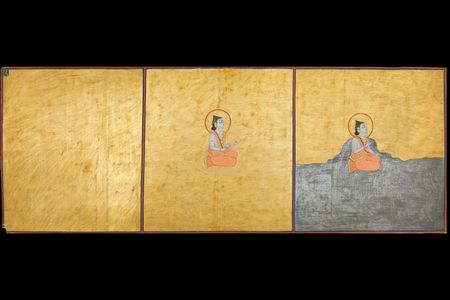 A Jodhpur court artist painted “Three Aspects of the Absolute,” illustrating the universe’s creation according to the Nath sect. Completed in 1823, the 3.5-by-5-foot painting accompanies the manuscript Nath Charit, a part of the Mehrangarh Museum’s Jodhpur Royal Collection.