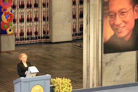 Norwegian actress and director Liv Ullmann reads from the words of Liu Xiaobo when he was awarded the 2010 Nobel Peace Prize. Xiaobo was imprisoned and unable to accept the award.