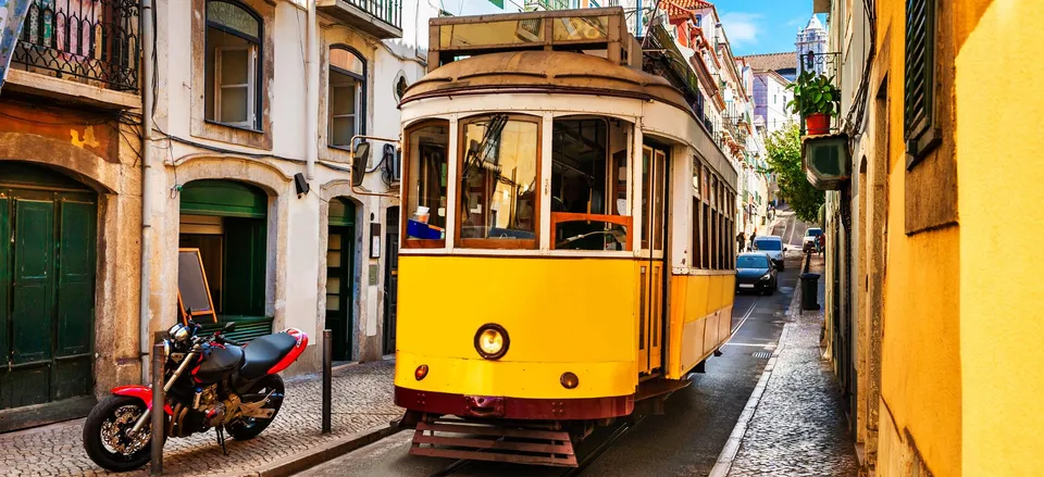  Vintage tram on the street in Lisbon 