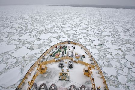 Russian ice breaker Kapitan Khlebnikov breaks through pack ice in the Southern Ocean