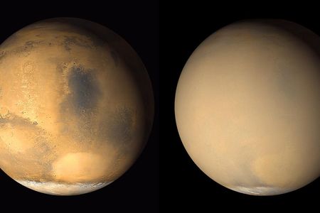 Two 2001 images from the Mars Orbiter Camera on NASA's Mars Global Surveyor orbiter show a dramatic change in the planet's appearance when haze raised by dust-storm activity in the south became globally distributed. The images were taken about a month apart.