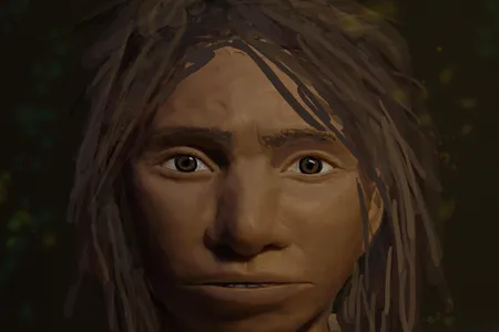 This image shows a preliminary portrait of a juvenile female Denisovan based on a skeletal profile reconstructed from ancient DNA.

