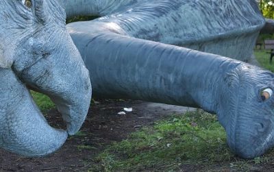 That sauropod looks quite frustrated. These dilapidated dinosaurs rest at Berlin's abandoned Spreepark.