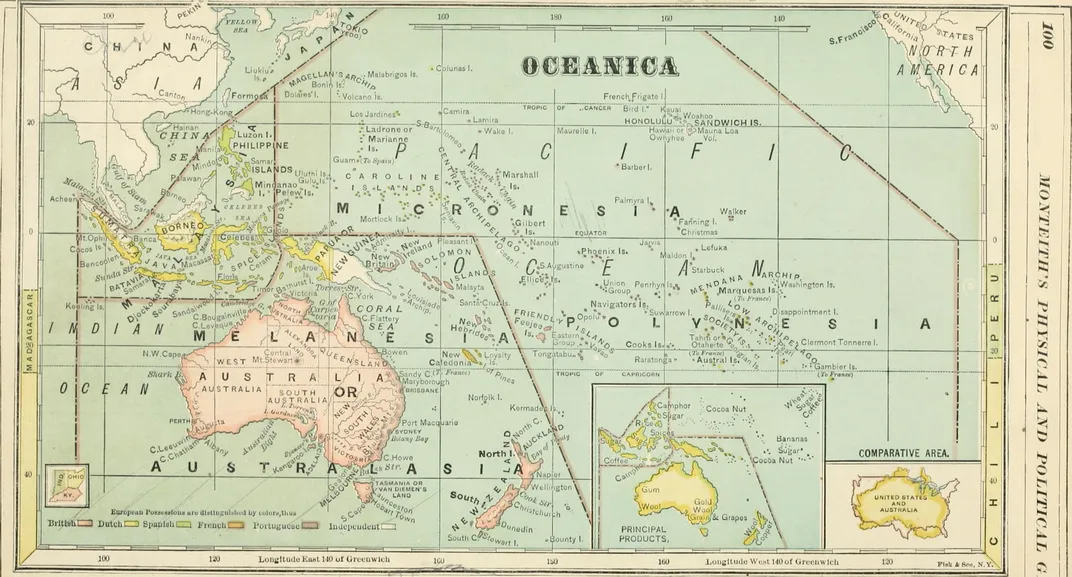 An 1875 map of Oceania, a region spanning Australasia, Melanesia, Micronesia and Polynesia