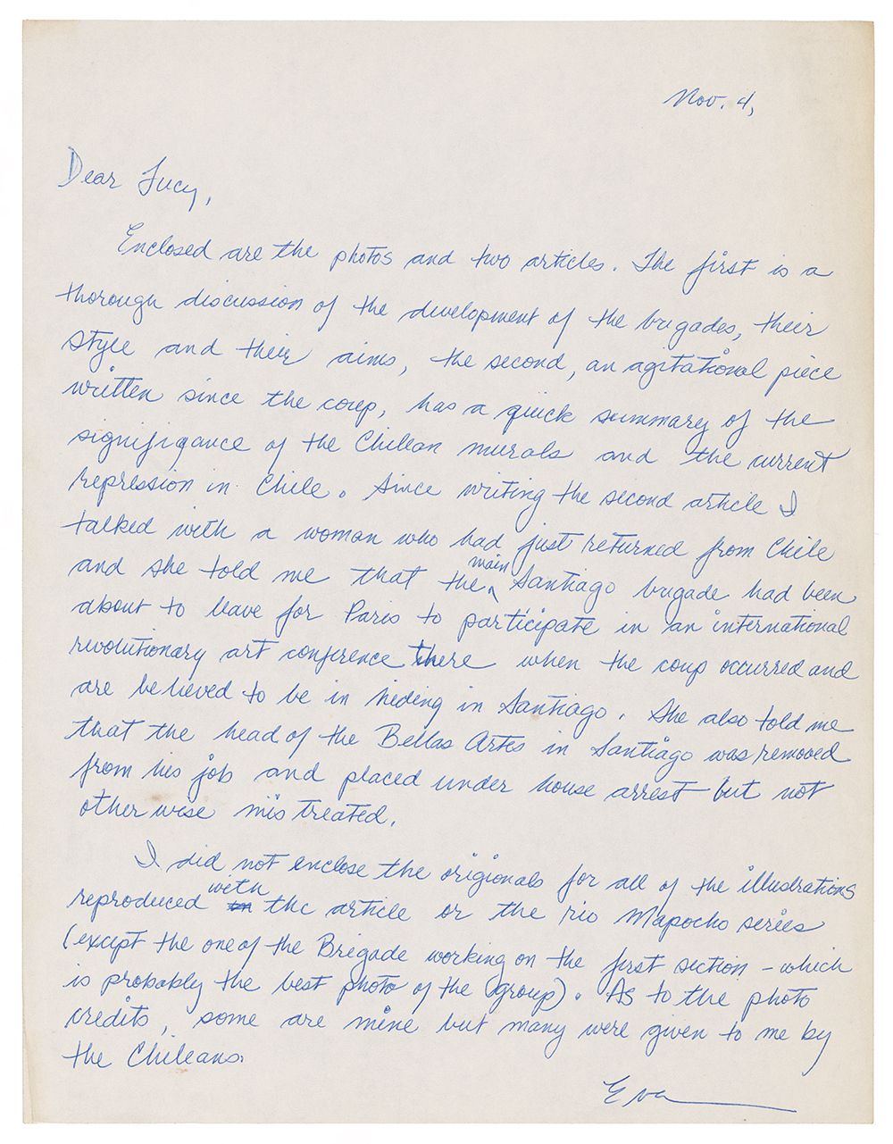 Letter written to Lucy Lippard by Eva Cockcroft, November 4, 1973