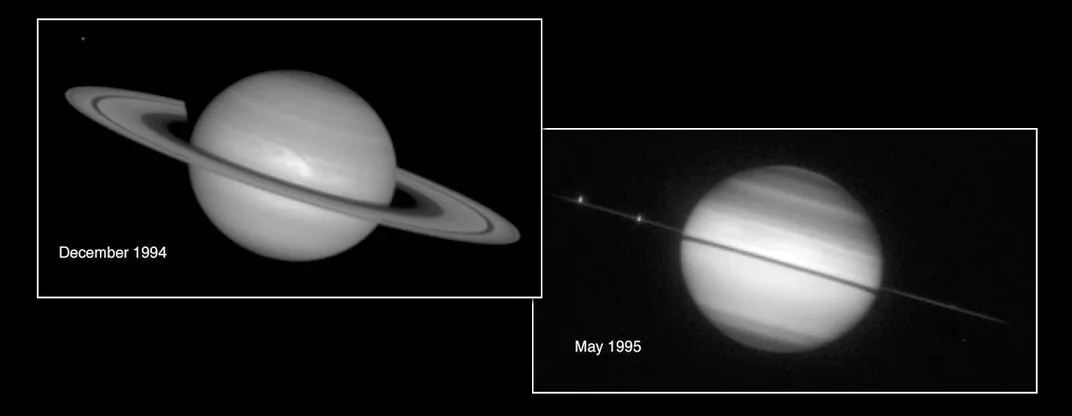 one view of Saturn with its rings appearing clearly, at a tilt in December 1994; and one view of Saturn with just a thin line passing through it in May 1995