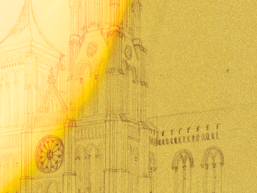 (James Renwick Jr., Sketch of the north tower of the Smithsonian Castle, 1846. Smithsonian Institution Archives. Graphic treatment by Deanna Luu)