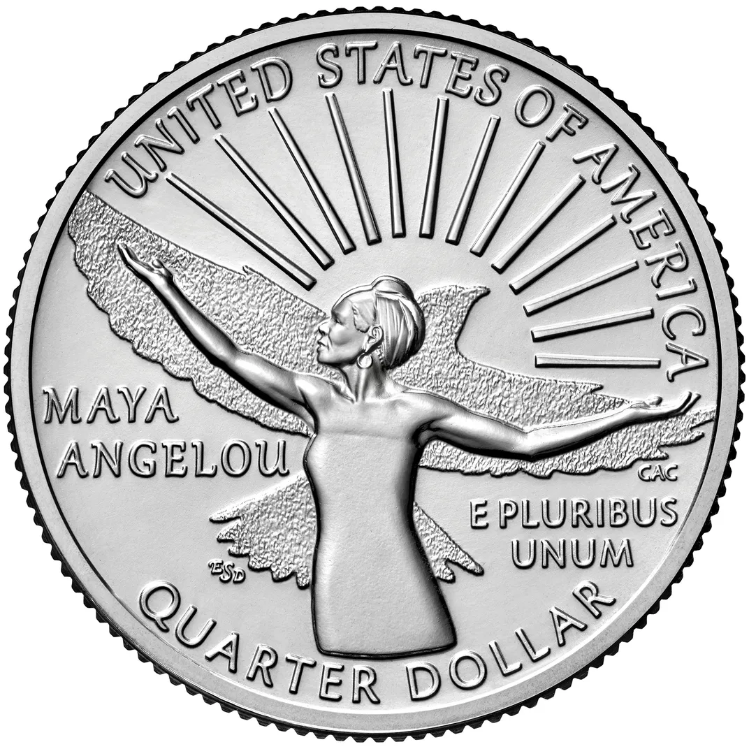 A mockup of a quarter's reverse, with Angelou in a strapless dress raising her arms in front of a sunrise and an outline of a bird