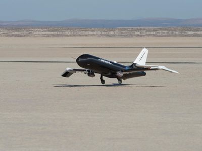 The 200lb Prototype Technology-Evaluation Research Aircraft (PTERA) landing during the first test series. The second set of tests will begin sometime this fall. 