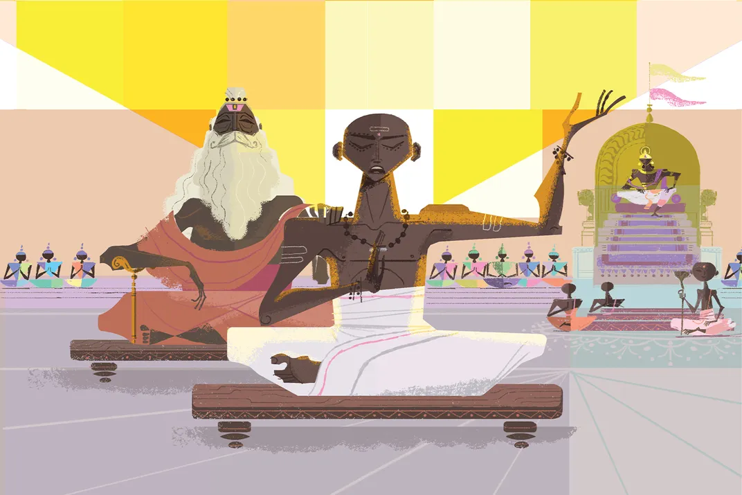 Vyasa looks on as his student recites all 100,000 verses to King Janamejaya, a descendent of characters in the story.